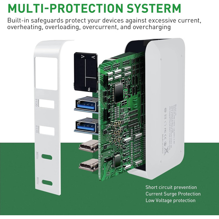 Зарядна станція Schnellladestation PD20W QC3.0 7-в-1 з LCD-дисплеєм, USB-роз'єми, сумісна з iPhone, iPad, Samsung, Huawei (Чорний)