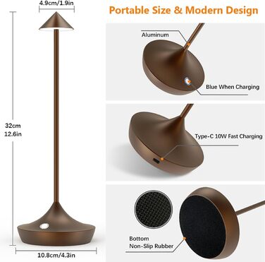 Набір з 2-х бездротових LED настільних ламп Hapfish з акумулятором, диммер, алюміній, водонепроникні, для дому, тераси, ресторану (Коричневий)