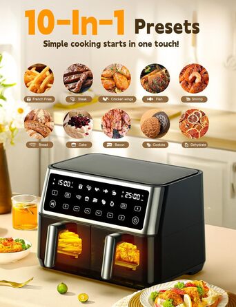 Аерофритюрниця з двома камерами і вікном, 10 л, Dual Zone XXL, 10 програм, сенсорний екран, таймер, енергозберігаюча, фритюрниця без олії