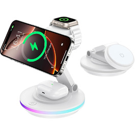 Зарядний пристрій MagSafe 3-в-1 для Apple Watch та iPhone, складний, поворотний з регулюванням світла, бездротовий зарядний станція MagSafe для iPhone 16/15/14, AirPods (без адаптера)