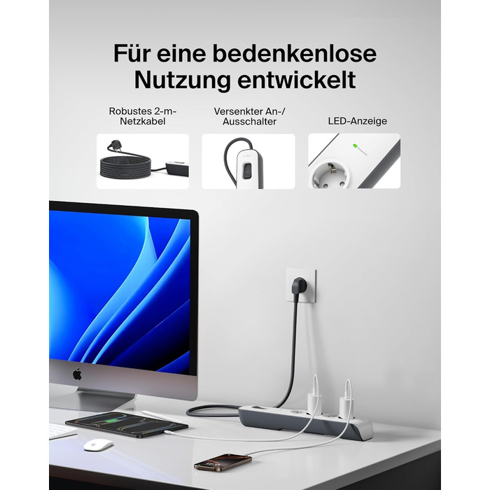 Мережевий фільтр Belkin з захистом від перенапруги, 6 розеток, 2 м кабель, 650 Дж, для дому та офісу