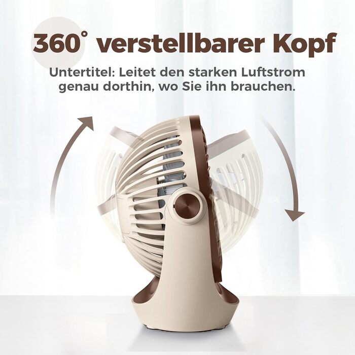 USB вентилятор OCOOPA: компактний настільний вентилятор з потужним потоком повітря та тихою роботою, 3 швидкості, 360° обертання, для офісу, дому та відпочинку на природі (коричневий)