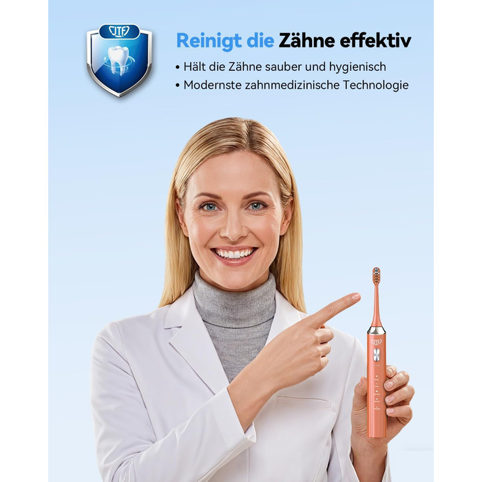 Електрична звукова зубна щітка JTF з УФ-дезінфекцією та сушінням, бездротова зарядка, 5 режимів чищення, 6 насадок, стаканчик для полоскання, акумуляторна для дому та подорожей (Помаранчева)