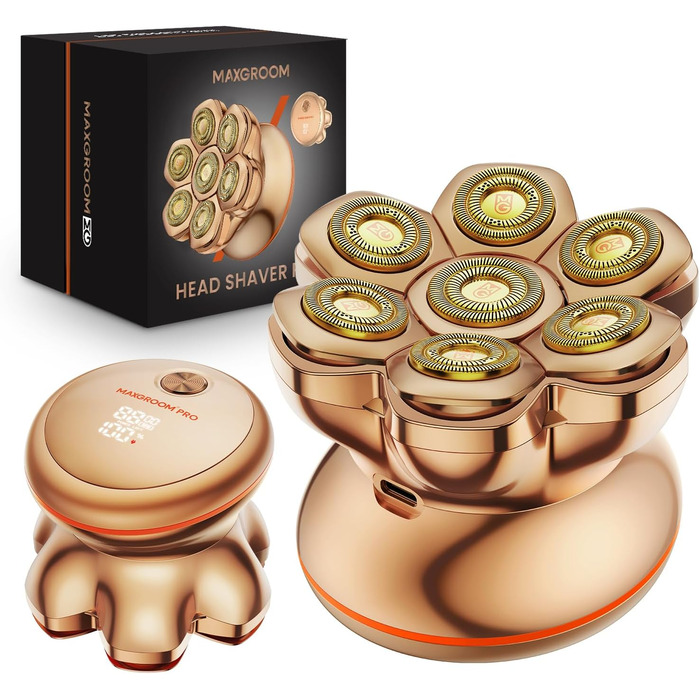 Професійний електричний стайлер для гоління голови 7D PRO Glatzen Rasierer для чоловіків. Водонепроникний (IPX6), з плаваючою головкою, акумулятор 1400mAh, швидкість 8800RPM, золота головка, USB-C, 0 мм