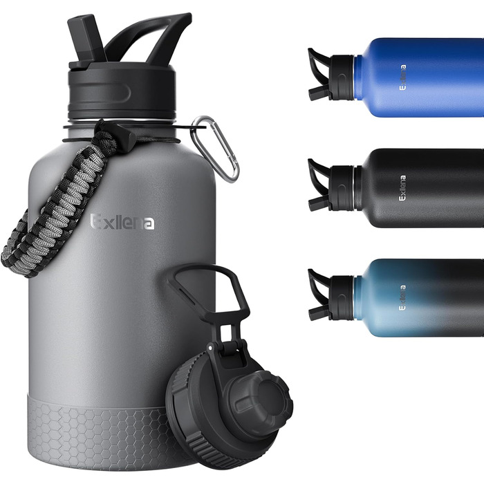 2L Stainless Steel Water Bottle with Straw, Double-Insulated Water Bottle 2 Liter with Two Lids and Protective Silicone Boot, Paracord Handle for Easy Carrying - (2000 ml, Grey)