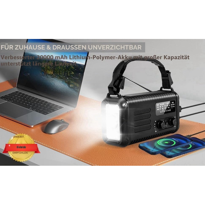 Радіо на сонячних батареях з ручним заводом 20000mAh Notfallradio, AM/FM, ліхтарик, SOS-сигнал, зарядний пристрій для телефону (Чорний)