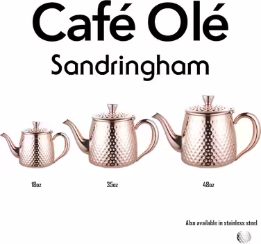 Café Olé Sandringham Teapot with Hammered Finish made from high-quality 18/10 stainless steel and a copper surface – 18oz, 0.5L, drip-free pouring, hollow handles