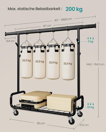 SONGMICS Стійка для одягу на коліщатках, важка, з висувними штангами, регульована висота, з полицею та гачками (HSR015B01, Чорний)