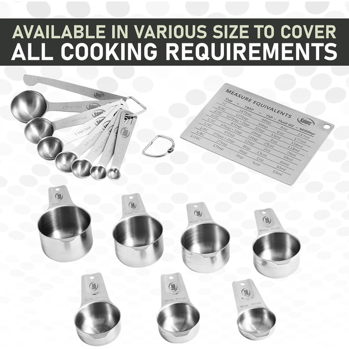 Kaluns Stainless Steel Measuring Cups and Spoons, 16-Piece Measuring Cup and Spoon Set including Leveler and Measuring Card, Durable, Heat and Rust Resistant