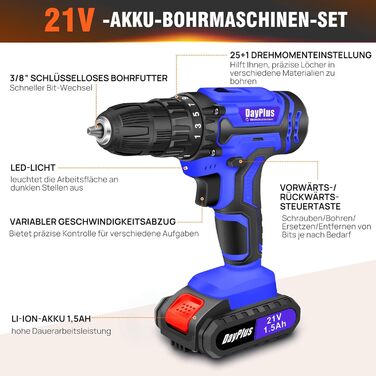 Акумуляторний шуруповерт 21V Set, білий: шуруповерт з акумулятором 1.5Ah, швидка зарядка, 45Nm, 25+1 ступінь, 2 швидкості, LED-ліхтар, набір з 26 аксесуарів для ремонту та DIY (шуруповерт + 2 акумулятори 1.5Ah (блакитні))