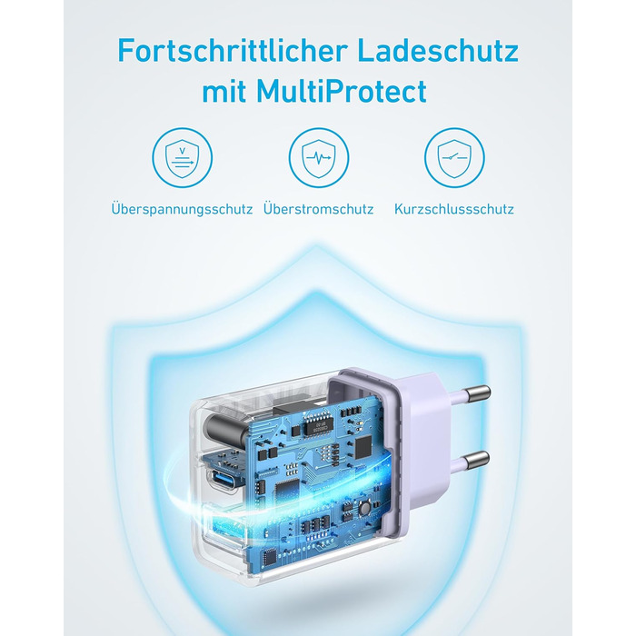 Зарядний пристрій Anker 20W USB-C, адаптер живлення для iPad, швидка зарядка, сумісний з iPhone 17/16/15 (з кабелем USB-C 150см), фіолетовий