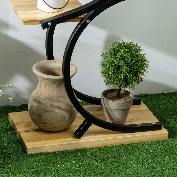 Outsunny Plant Shelf S-Shaped Flower Ladder 4-Tier Plant Stand with Metal Frame and Solid Wood Black 46x25x91cm for Garden & Balcony