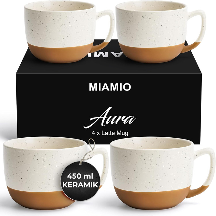 MIAMI – Set of 4, 15.2 oz Ceramic Latte Cups – Elegant, Modern Coffee Cup Set for Cafe, Tea, Hot Chocolate - Dishwasher & Microwave Safe – Aura Collection