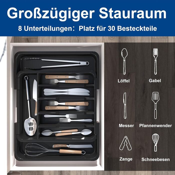 Органайзер для столових приборів в шухляду 40 см, чорний, пластиковий, з регульованими перегородками (6-8 відділень)