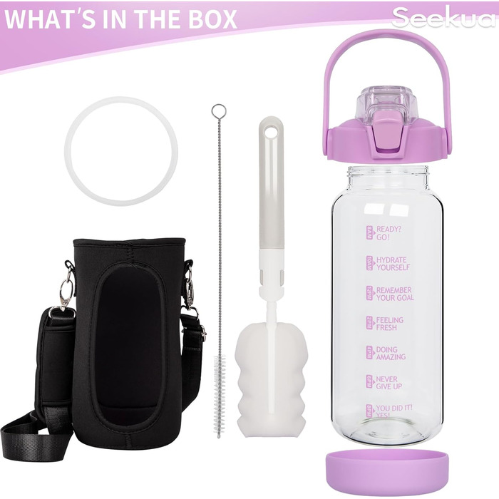 2L Glass Bottle | Glass Drinking Bottle with Straw & Time Marker, Leak-Proof 2 Liter Large Glass Water Bottle for Smoothies, Carbonated Drinks Suitable, Dishwasher Safe