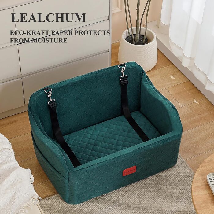 Автокрісло для собак до 25 кг, велике, з 2 стропами безпеки та 2 кишенями для зберігання (зелене)