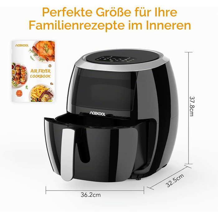 Аерофритюрниця Acekool 8л сіра, без олії, 1800 Вт, з рецептами та 8 програмами