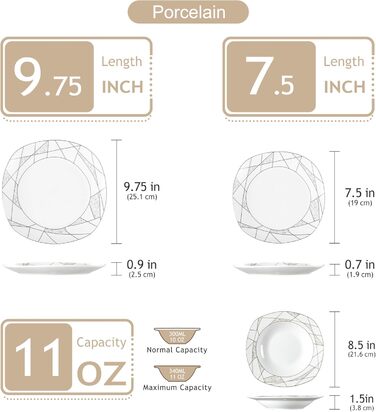 VEWEET Сервіз столовий 'Serena' з порцеляни, 24 частини | Комплект включає миски для каші, десертні тарілки, тарілки для їжі та супові тарілки | Сервіз для 6 осіб/ресторану/сім'ї (Білий, 18-частинний сервіз)