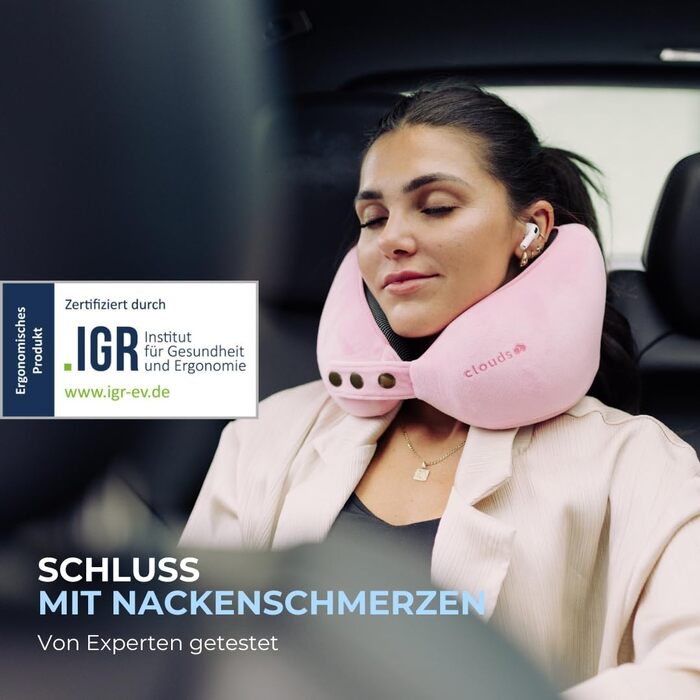 Подушка для шиї CLOUDS для подорожей: авто, літак. Memory Foam, регульована, 2 розміри (S/M), дихаючий чохол, рожевий.