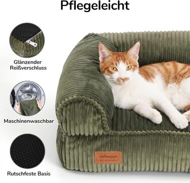 FUKUMARU Dog Bed for Large Dogs, Fluffy & Dog Sofa with Waterproof TPU Layer, Cord Fabric, Washable and Non-Slip, Removable Zipper Cover, 93 x 63 x 22 cm, Green