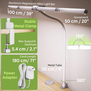 Лампа настільна EYOCEAN з 4 джерелами світла, 24W, 100см, денне світло, з пультом, регульована яскравість, для офісу та дому, захист очей, з шийним гнучким кріпленням