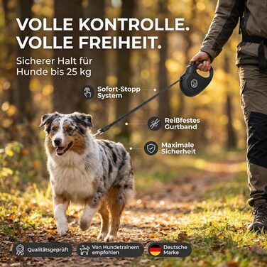 Висувна поводок для собак HUND IST KÖNIG 5м для малих та великих собак | Міцний поводок з комфортною ручкою | Білий | Чорний (M, 5м, до 25кг)