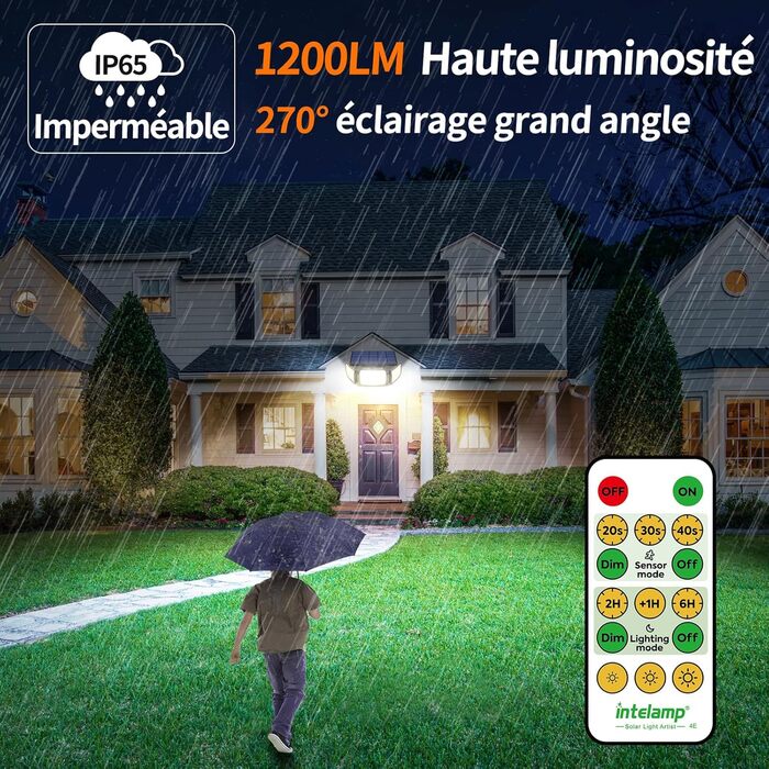 INTELAMP Solar Lights for Outdoors with Motion Sensor, 6000 mAh Solar with Remote Control, 1200LM, 270° Wide-Angle Solar Lights, IP65 Waterproof for Porch and Garage