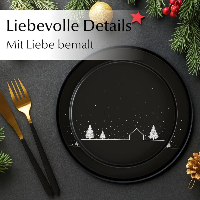 Набір чашок Miamio на Новий Рік, 4 шт, 500 мл, чорні / Кавові чашки на Різдво, мінімалістичний зимовий мотив, подарунок на Новий Рік, безпечні для миття в посудомийній машині та використання в мікрохвильовці – Vinter Collection (12 шт)