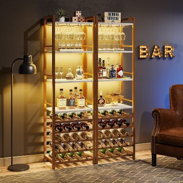 Tribesigns 20 Bottle Wine Baker's Rack, Freestanding Floor Wine Rack, 9 Tiers, Industrial Freestanding Wine Rack Wine Bar with Glass Holder Bottle Rack for Bar, Kitchen, Dining Room, (Gold, 2 PC)