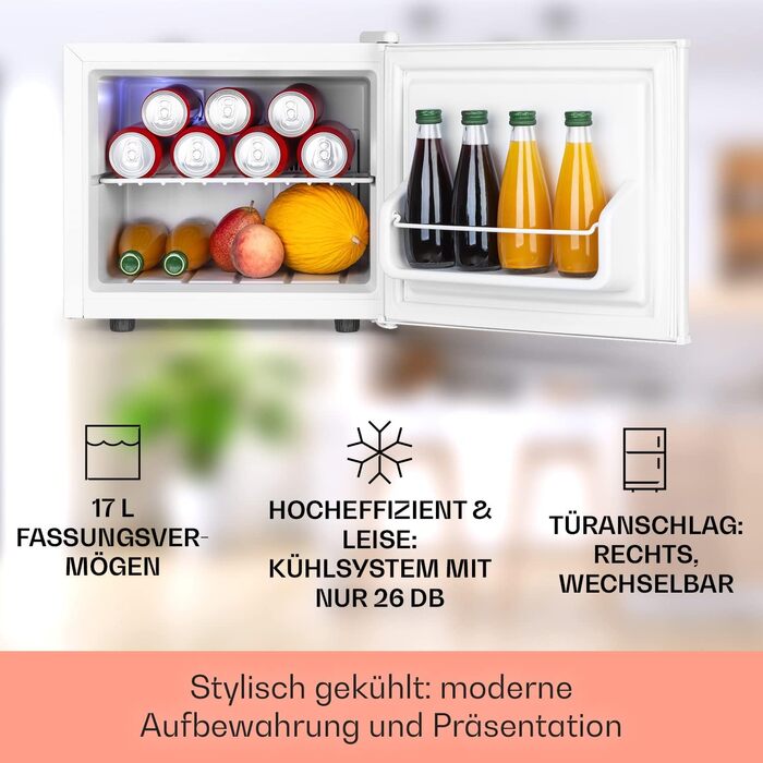 Міні-холодильник Klarstein для напоїв та догляду за шкірою, 17 л, 0-15°C, 3 режими охолодження, безшумний, для дому, офісу, кемпінгу (білий)