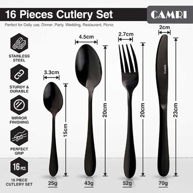 Набір столових приборів CAMRI – 16 предметів з нержавіючої сталі, столовий набір, ножі, виделки, ложки, набір для 4 осіб, придатний для миття в посудомийній машині, чорний матовий/дзеркальний дизайн