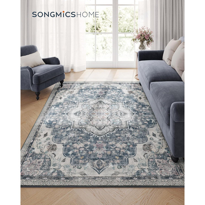 Килим SONGMICS HOME Vintage, 120 x 170 см, для вітальні, спальні, кухні, передпокою, їдальні, миючий, з антиковзаючим покриттям, сірий (TAR032G01)