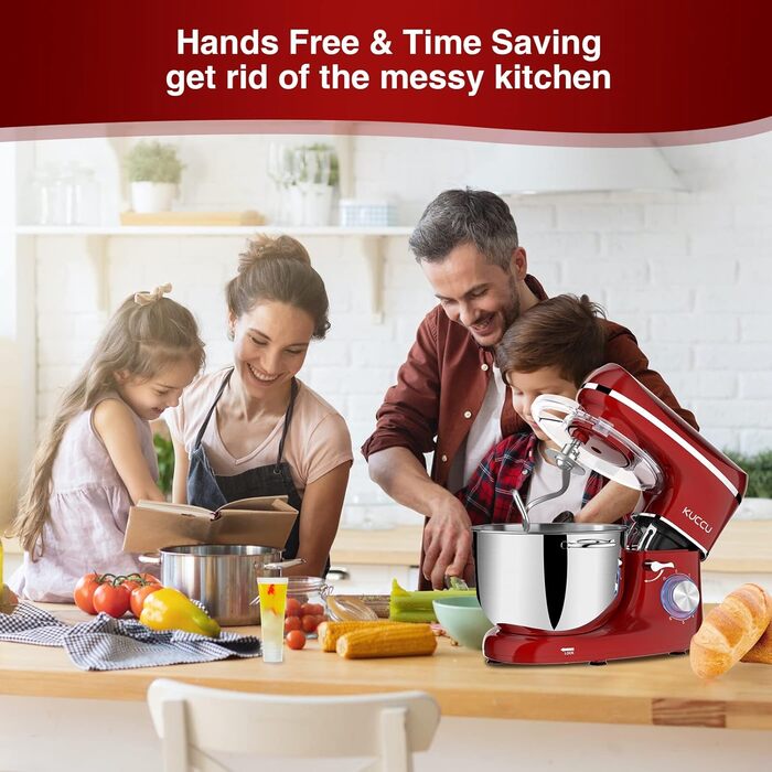 Кухонний комбайн-міксер 1500W з чашею з нержавіючої сталі 7л, планетарний міксер для тіста з 6 швидкостями та набором насадок (гак, вінчик, міксер), червоний
