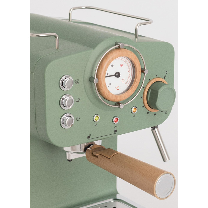 CREATE / THERA MATT RETRO/Espresso Machine Cream White Matt and Wood/Semi-Automatic, with a 15 bar pump and 1100W, 1.25L water tank, for ground coffee, 55 mm. ESE Pads (Green-Sage Matt - Wood)