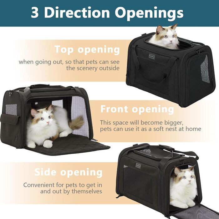Транспортна переноска для котів та собак Petsfit, чорна, 47.5L x 33B x 33H см, з м'яким розкладним килимком та плечовим ременем