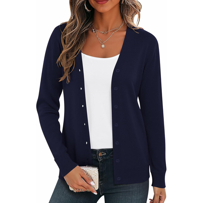 Жіноча легка в'язана жилетка з довгим рукавом, в'язаний пуловер з V-подібним вирізом, вінтажна класична жилетка з ґудзиками, темно-синього кольору XXL