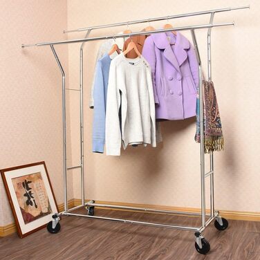 HOKEEPER Heavy-Duty Clothes Rack, Commercial Grade, Up to 181 kg (400 lbs) Load Capacity, Extendable Clothes Rod on Wheels, Durable Double Rails for Hanging Clothes, Silver