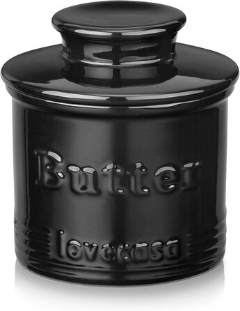 Porcelain Butter Top Dish for Countertop, LOVECASA Butter Holder with Water Line, French Butter Dish with Lid, Ceramic Butter Container, No More Hard Butter, Perfect Spreadable Consistency (black)