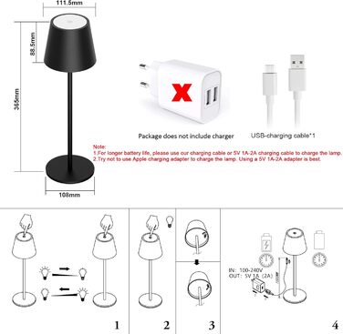 Klighten 2 шт. LED акумуляторні диммерні настільні лампи бездротові, перезаряджаються, тепле світло 3000K, для внутрішнього та зовнішнього використання, з USB-C, алюміній, водонепроникні IP54, чорні (2 шт.)