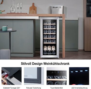 Kalamera 28-Bottle Wine Refrigerator with Touch Panel, Stainless Steel Door, and Adjustable Shelves - 5°C to 18°C Cooling Zone