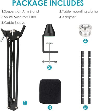Тримач для мікрофона YOUSHARES з кріпленням для столу та стіни, металева конструкція, поп-фільтр для Shure MV7