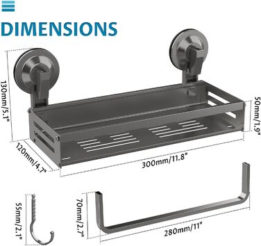 Поличка для душу Onemake з присосками, Дзеркальна поличка для ванної кімнати з ручками, Організатор для ванної кімнати з тримачем для рушників, Матовий чорний (30 см, 1 шт.)