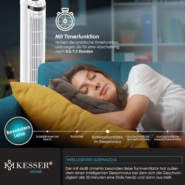 Турбо-вентилятор KESSER® з пультом керування | 90° кут осциляції | 3 режими | 90 см | Таймер | Турбо-режим | Колонний вентилятор | Охолоджувач повітря | Білий