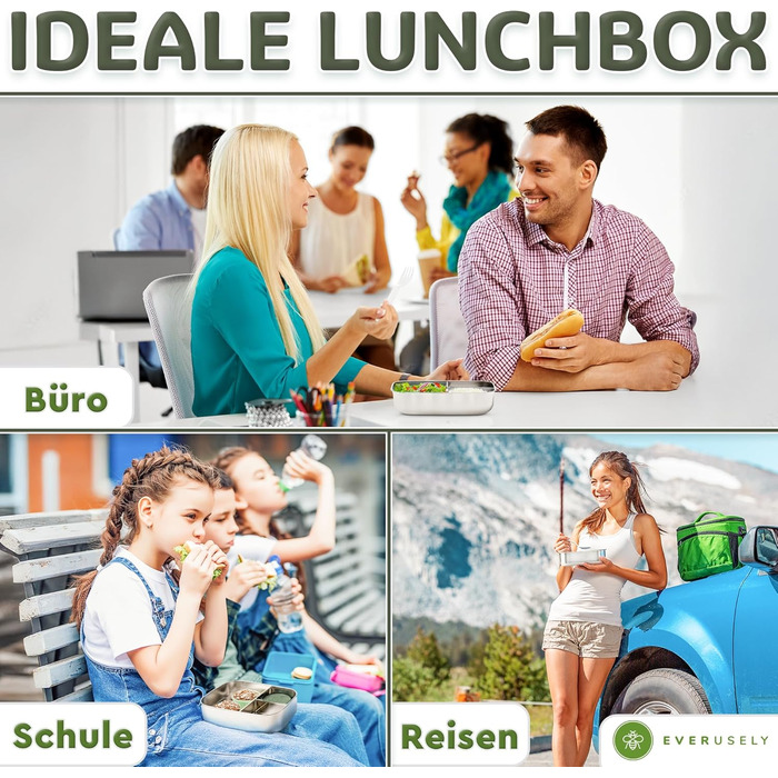 Бенто-бокс Everusely 0.8L з нержавіючої сталі з контейнером для спецій та органайзером для перекусів (3 відділення)