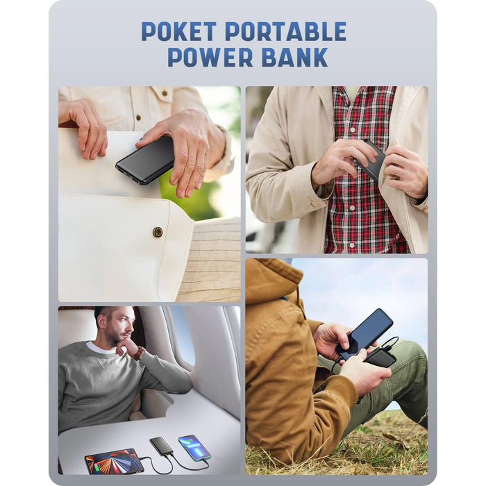 Портативний зарядний акумулятор Power Bank 10000mAh, ультратонкий, з USB-C, 2 USB виходи, сумісний з iPhone, iPad, Samsung, AirPods