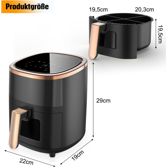 Фритюрниця повітряна 6L з 8 програмами, Rapid Air, сенсорний екран, вікно, 200°C, 1200W, для миття в посудомийній машині, без олії, гриль, випічка, запікання (Білий) (Чорний)