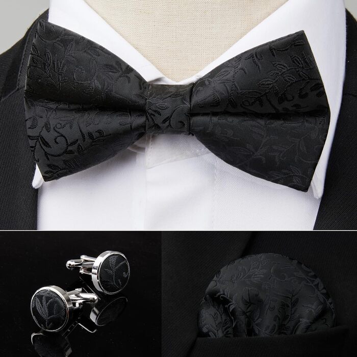 HISDERN Набір краватки з візерунком пава, нагрудної хустки та запонок для чоловіків, з гачком, регульована, вже зав'язана, для весілля, свят, Різдва, Хелловіна (A10-чорний)