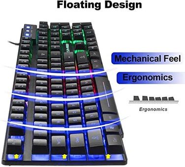 Ігровий набір клавіатури та миші UK-Layout 4-в-1 з підсвічуванням RGB, миша 2400 DPI, навушники + килимок для миші, чорний