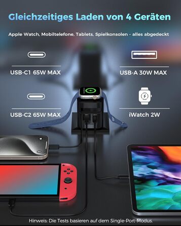 Зарядний пристрій 65W USB-C з кабелями для Apple Watch, 4 порти GaN USB-C, швидка зарядка для Apple Watch Ultra/11/10/9/8/7, MacBook, iPhone, iPad, Galaxy - Білий