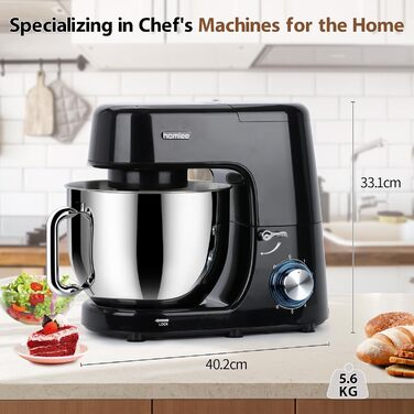 Кухонна машина-міксер 1800W з чашею 7.2L з нержавіючої сталі, 6 швидкостей, низький шум, мультифункціональна (міксер, гак для тіста, вінчик), з кришкою, чорний